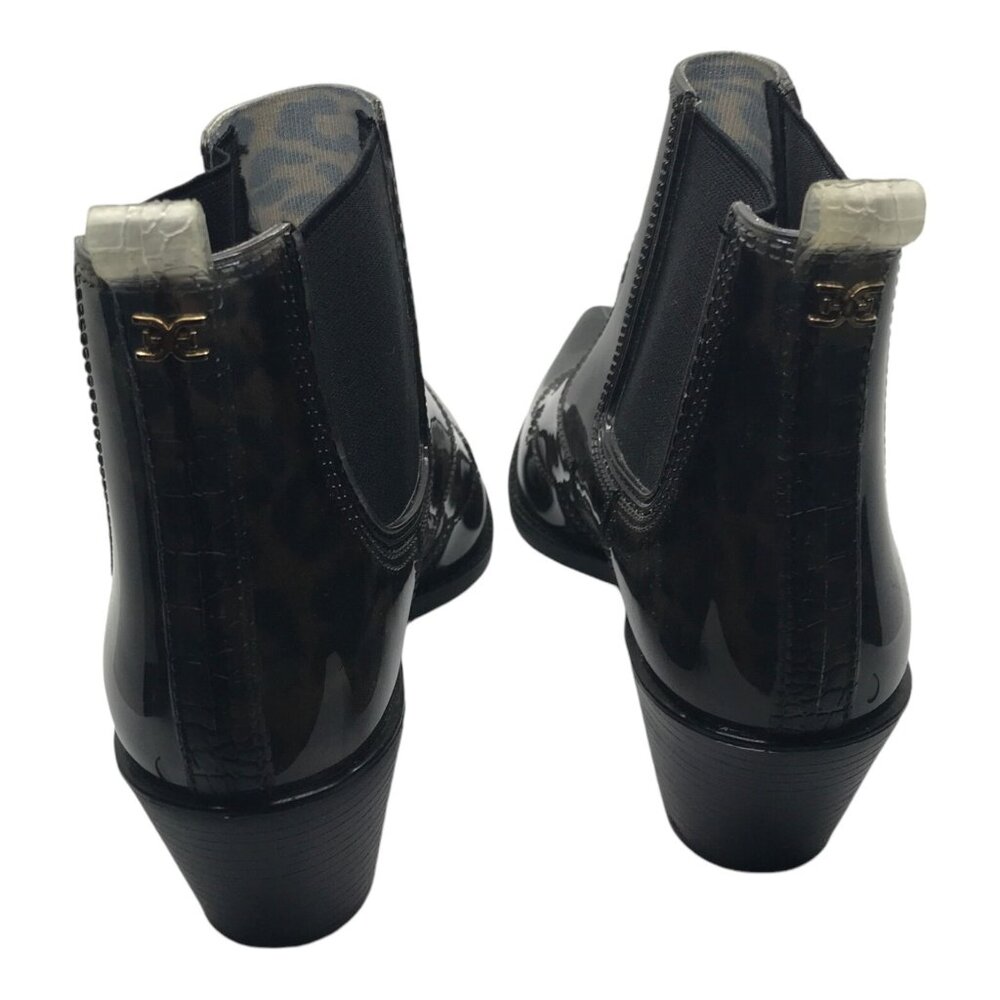Sam Edelman Black Brown Leopard Pattern Rubber Ankle Boots - Picture 3 of 7
